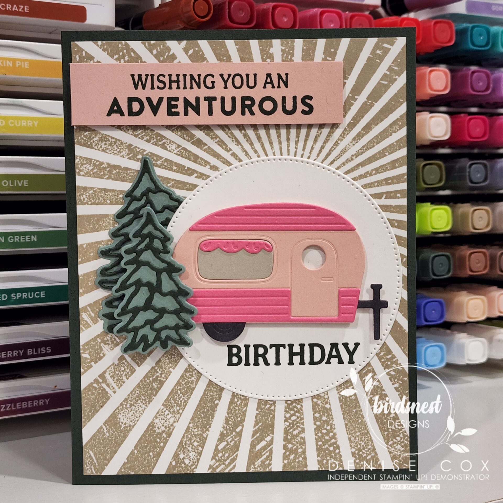 Birthday card created withStampin Up Tree Lot Dies & Adventurous Journey showing a pink trailer 