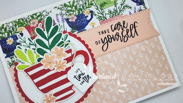 Stampin' Up Cup of Tea and Tea Boutique DSP were used to create this Take care of Yourself card