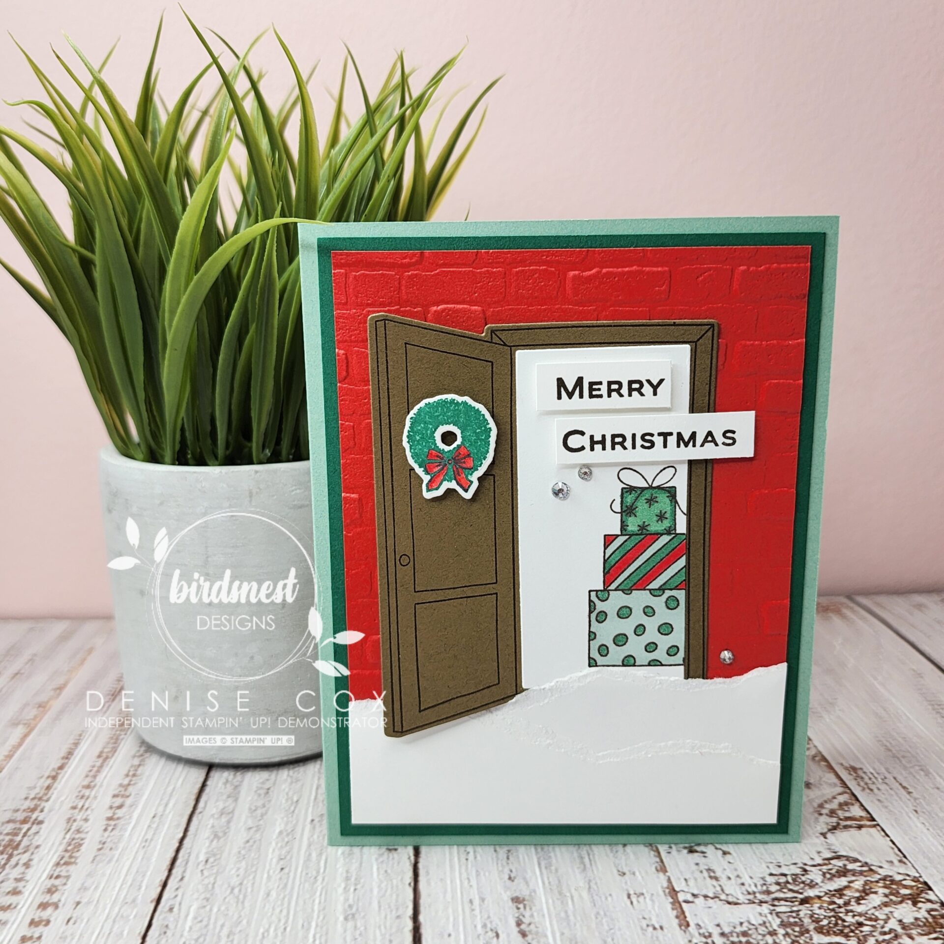 Photo of the Christmas card standing in front of a plant 