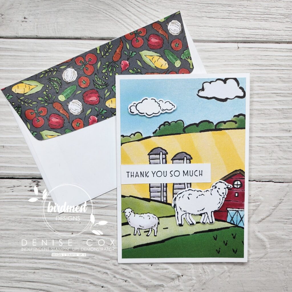 Photo of one of the Stampin' Up! On The Farm Notecards  that has sheep and a barn and reads Thank You So Much