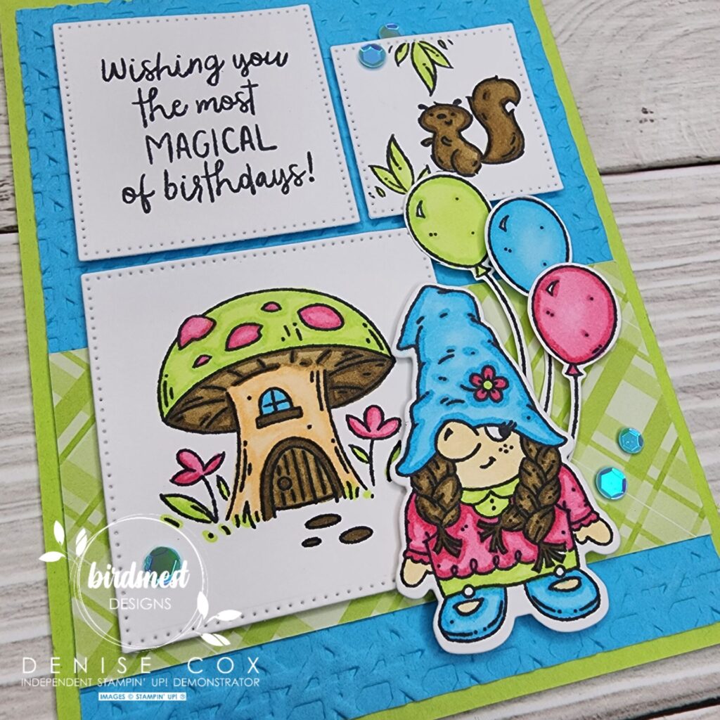 Close up photo of the stamped images on the Stampin' Up! Friendly Gnomes birthday card