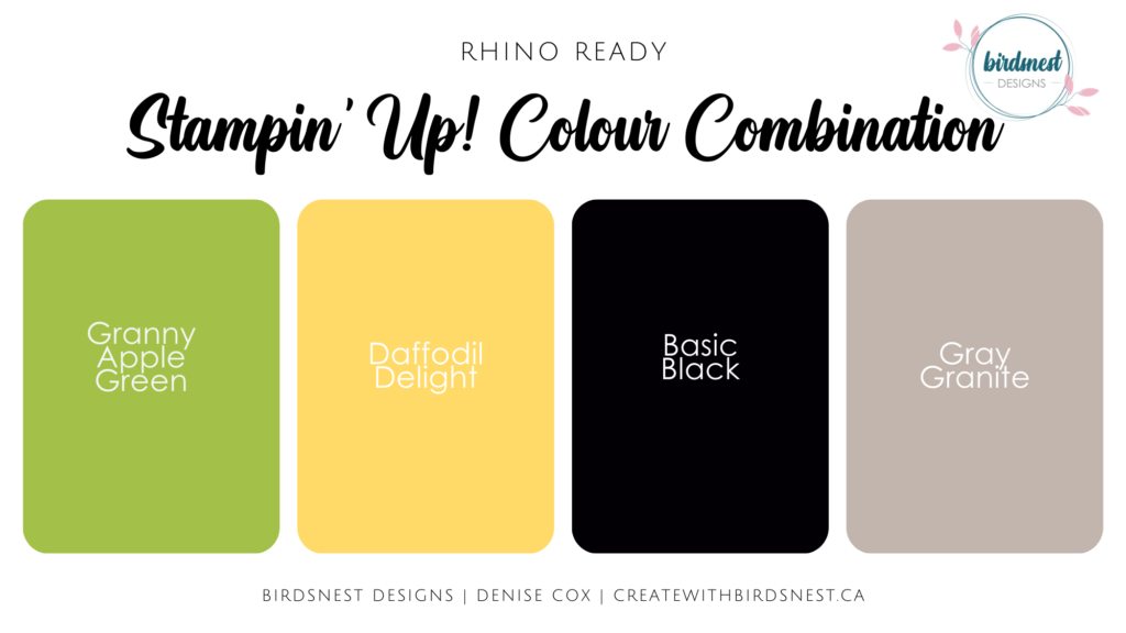 Graphic displaying the Stampin' Up! colours used on the Rhino Ready birthday card