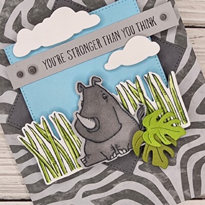 Close up of the rhino scene on the front of the Stampin' Up! Rhino Ready card