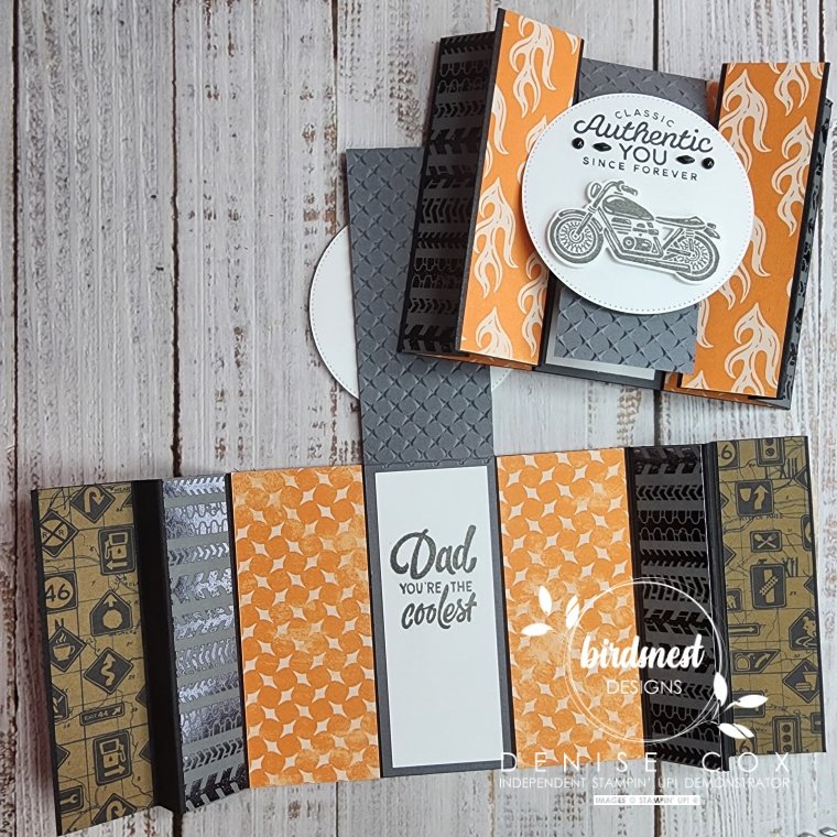 Photo showing two of the Double Fun Fold Stampin' Up! Ready To Ride cards. One is opened up and the other is closed showing the front of the card