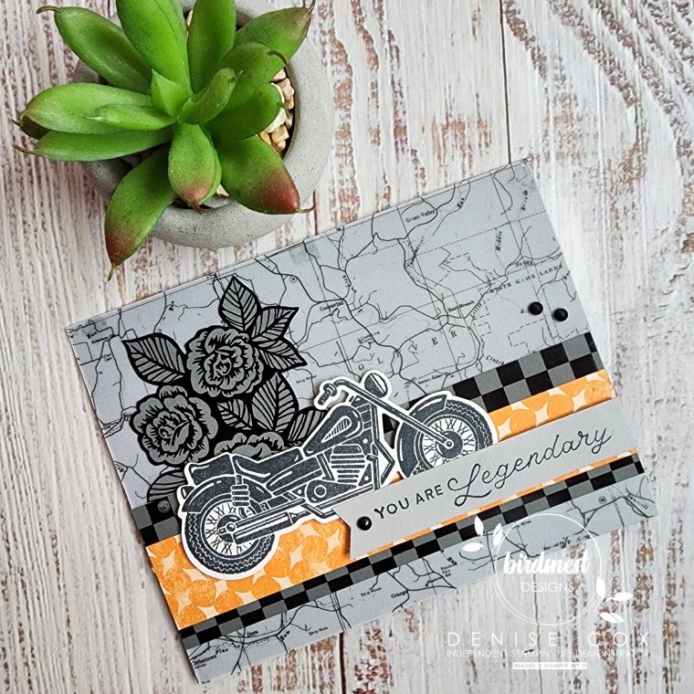 Photo of the Stampin' Up! Legendary Ride card front on a table top