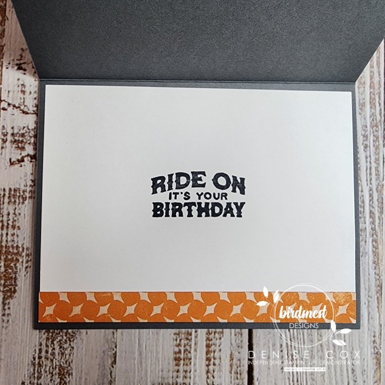 Photo of the inside of the Stampin' Up! Legendary Ride card showing the sentiment "Ride On It's Your Birthday"