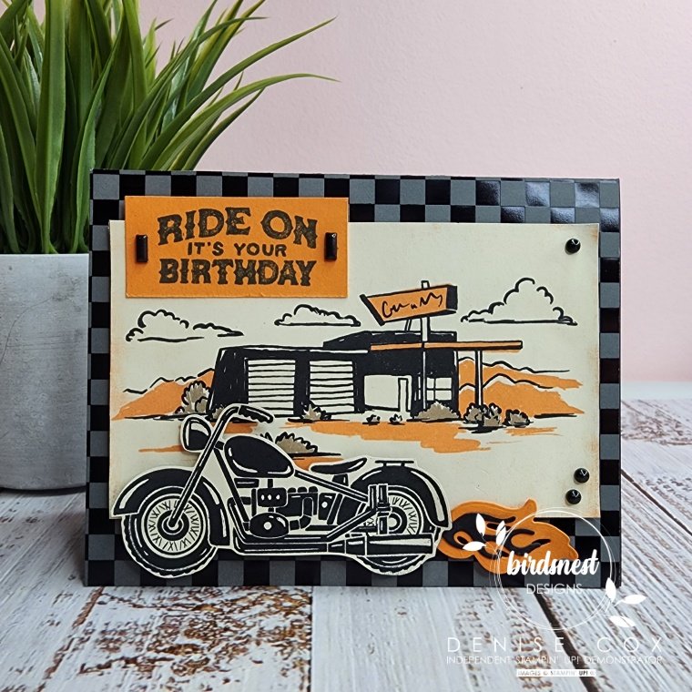 Photo of the Stampin Up Ready To Ride birthday card standing on display on a table