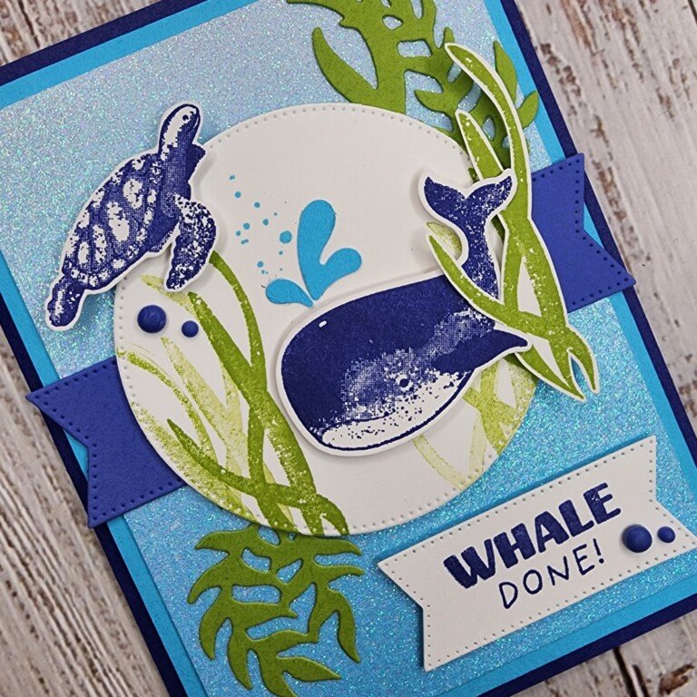 Close up photo of the Stampin' Up! Whale Done congratulations card front