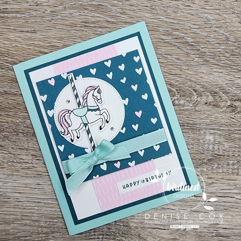 Close up photo of the front of the Stampin' Up! Carousel Horses birthday card