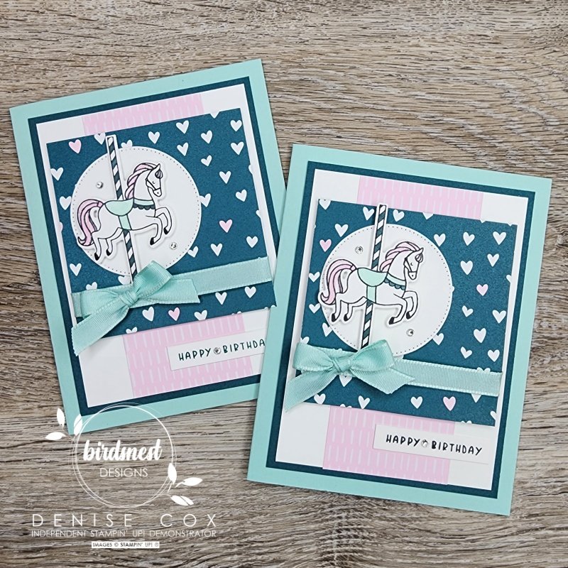 Photo showing two  Stampin' Up! Carousel Horses birthday cards together on a table 