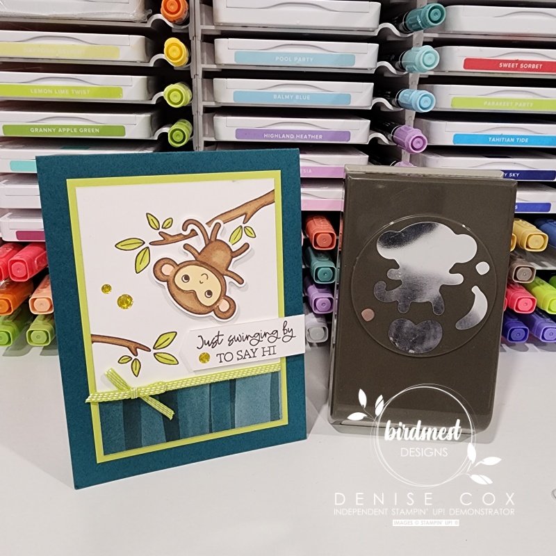 Photo showing the Stampin' Up! Little Monkey card standing beside the Little Monkey Builder punch