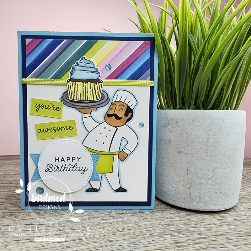 Photo showing the Supremely Awesome Stampin' Up! card standing beside a plant on a table