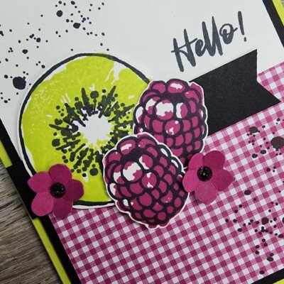Close up photo of the kiwi and berry stamped images on the front of the Stampin' Up! Hello Kiwi card