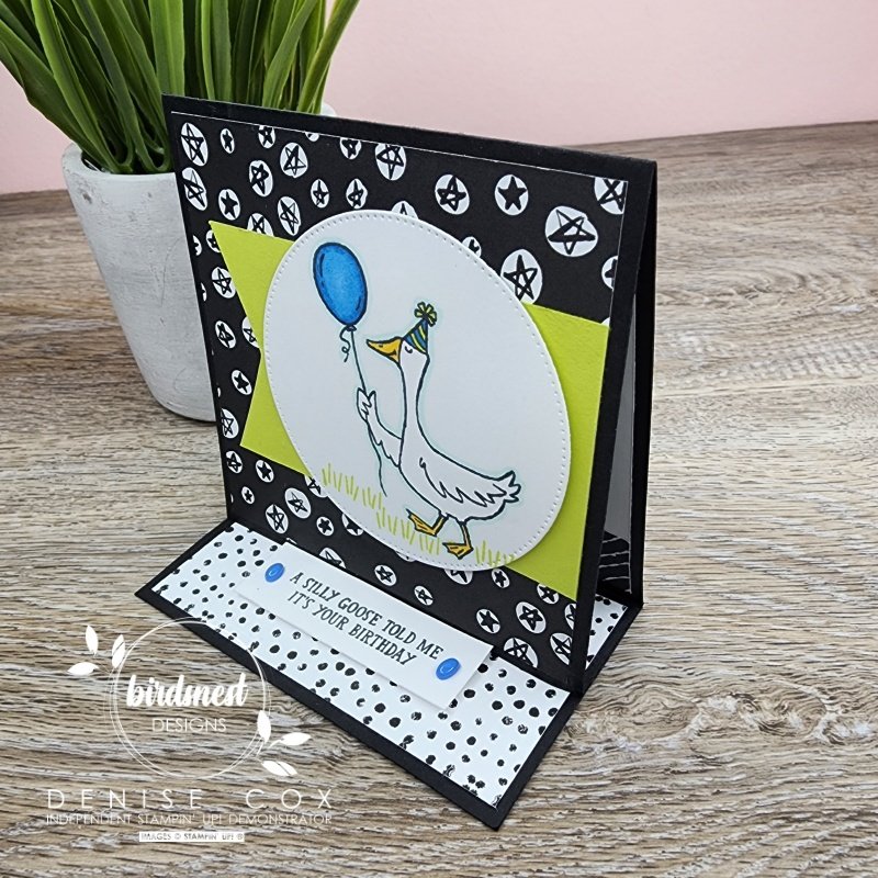 Photo showing the side view of the Silly Goose Easel Tent Fold card