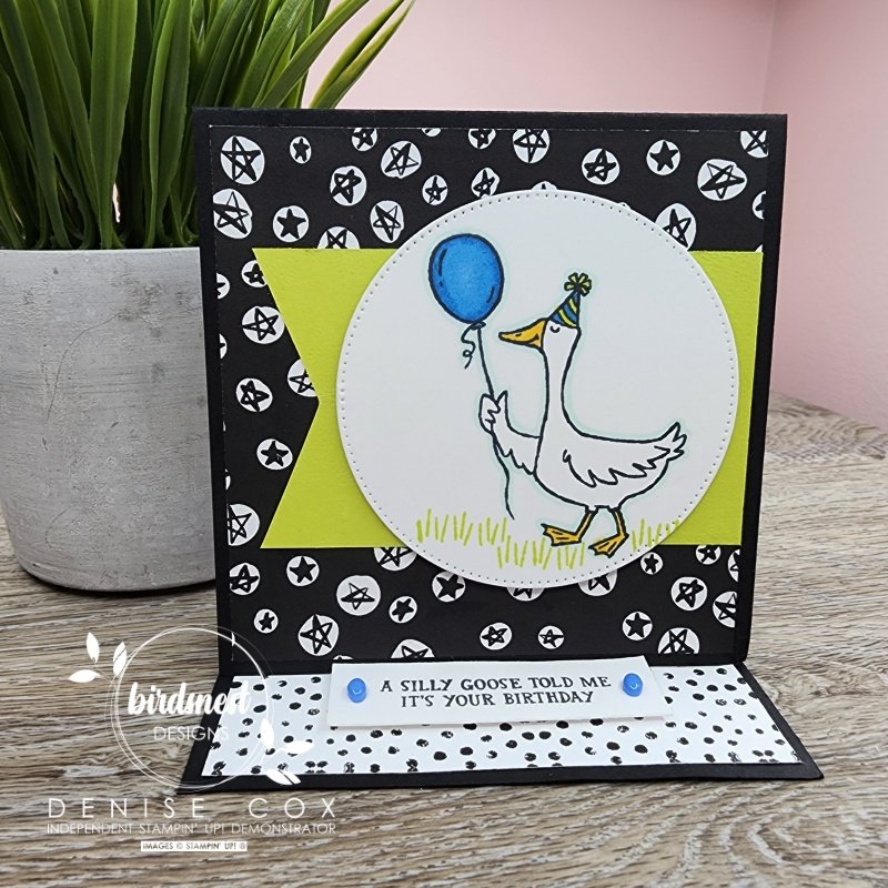 Photo of the Silly Goose Easel Tent Fold card opened and standing up in easel position