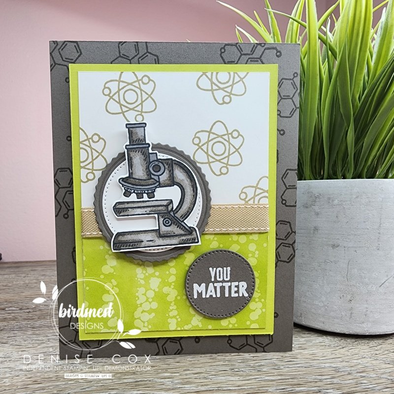 Photo of the Its A Science Stampin' Up! card standing on a table with a plant to the right