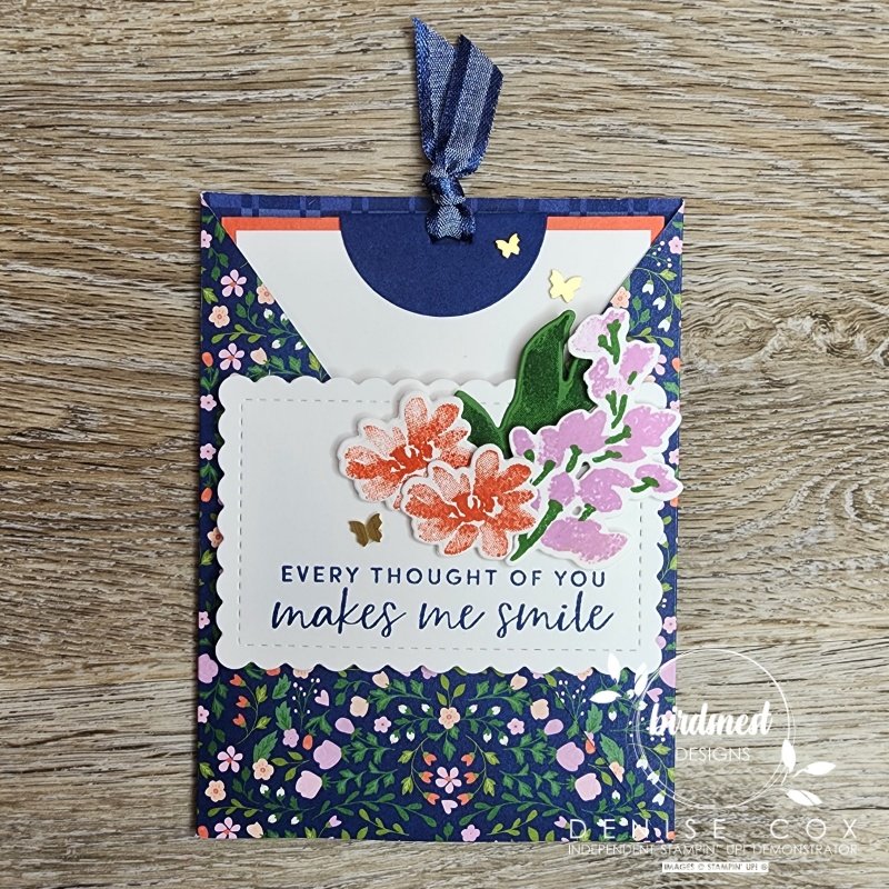 Photo of the Stampin' Up! Textured Floral pocket card with the insert tucked into place. Photo shows the front of the card