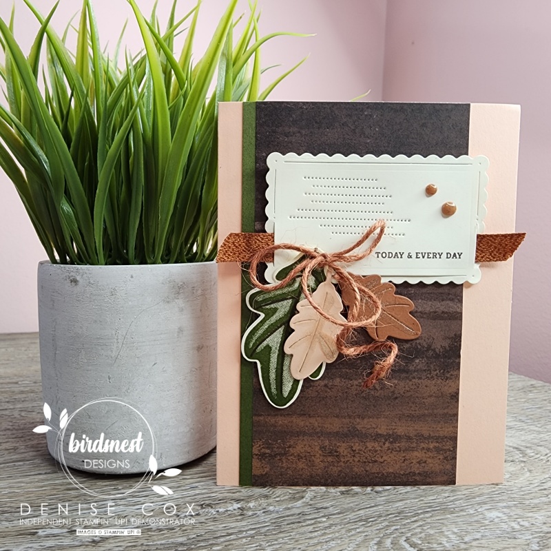 Stampin' Up! Autumn Leaves fall themed friendship card displayed next to a plant