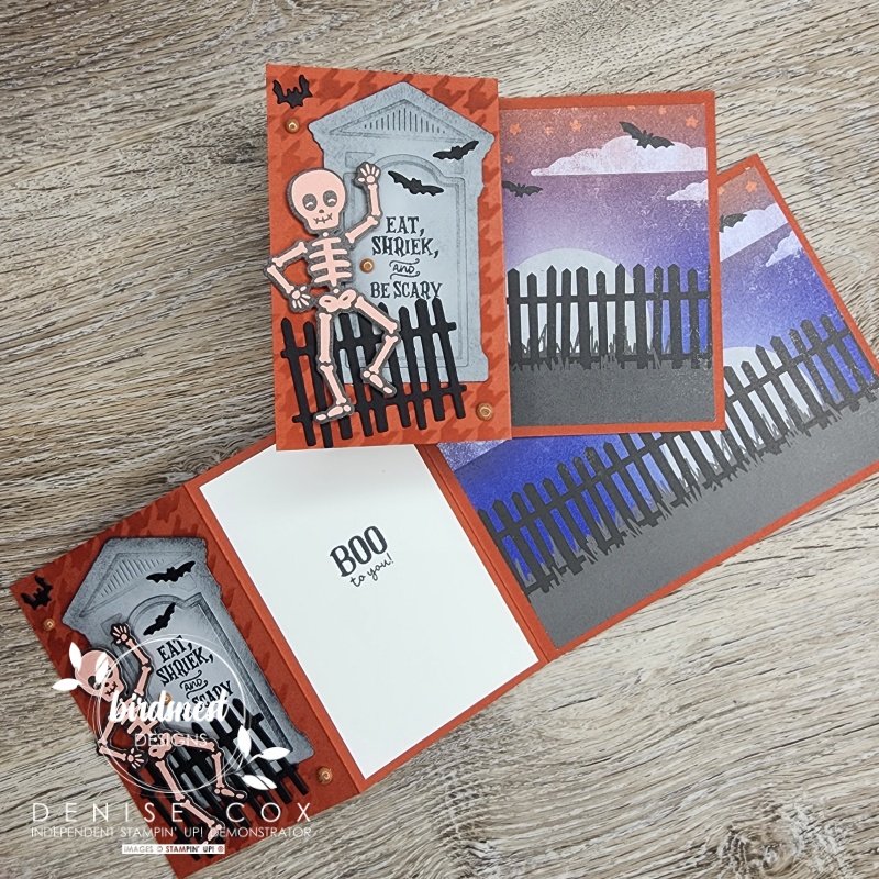 Photo of the Stampin Up Bag of Bones Z Fold cards.  One is opened to see the entire card and the other is closed to display the card front