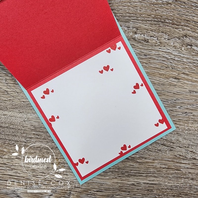 Photo of the inside of the Bee My Valentine card showing the hearts stamped on the paper