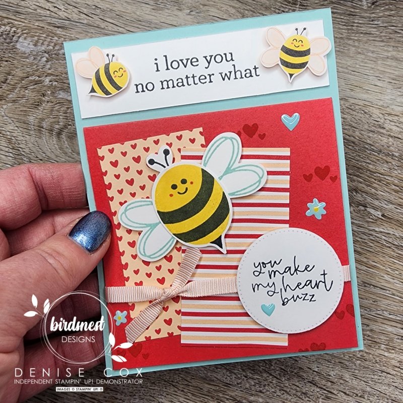 Close up photo of the front of the Stampin' Up! Bee My Valentine fun fold card