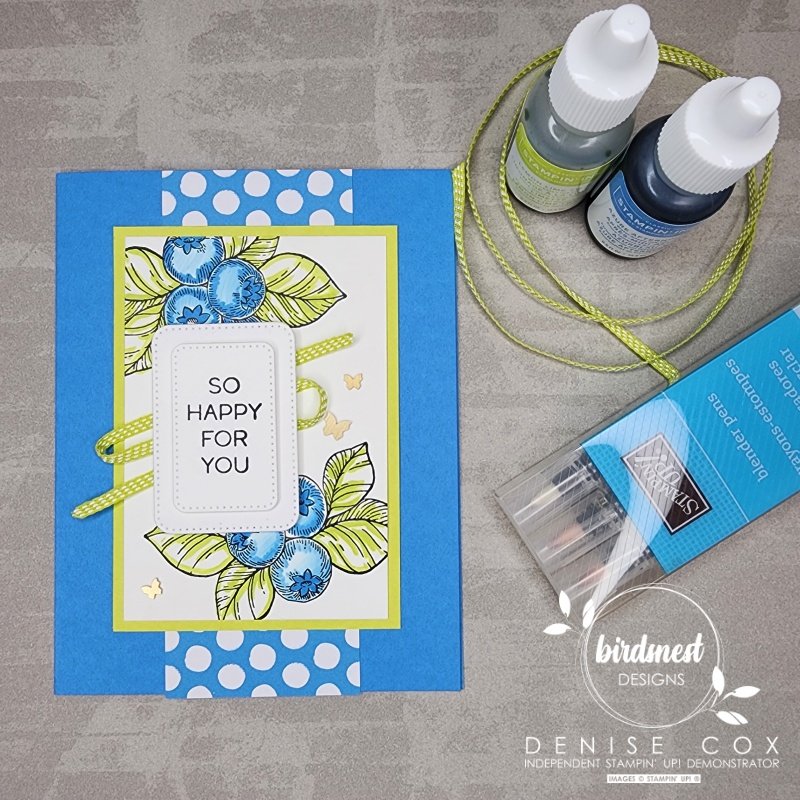 Photo of the Blueberry Bunches so happy for you card with a few of the Stampin' Up! supplies used to create the project
