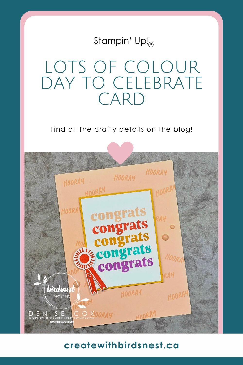 Today's Day to Celebrate card showcases a fun and unique twist on repetitive stamping with a vibrant color palette. For the focal point, I stamped CONGRATS five times, stacking the sentiment in bold layers of color. Starting with Petal Pink at the top, the design flows through Calypso Coral, Crushed Curry, Summer Splash, and finishes with the striking Petunia Pop. This simple stamping technique delivers an eye-catching and dynamic result—perfect for any celebration! via @denise34