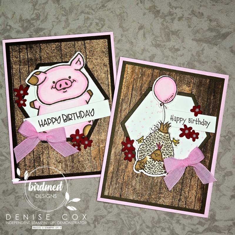 Two handmade birthday cards using Stampin’ Up! Party Piggy and Hey Birthday Chick stamp sets, displayed side-by-side with fun, colourful designs.