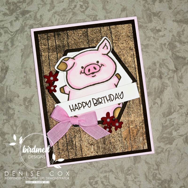 Handmade birthday card featuring a pink pig from the Stampin’ Up! Party Piggy bundle, layered with rustic designer paper and playful accents.