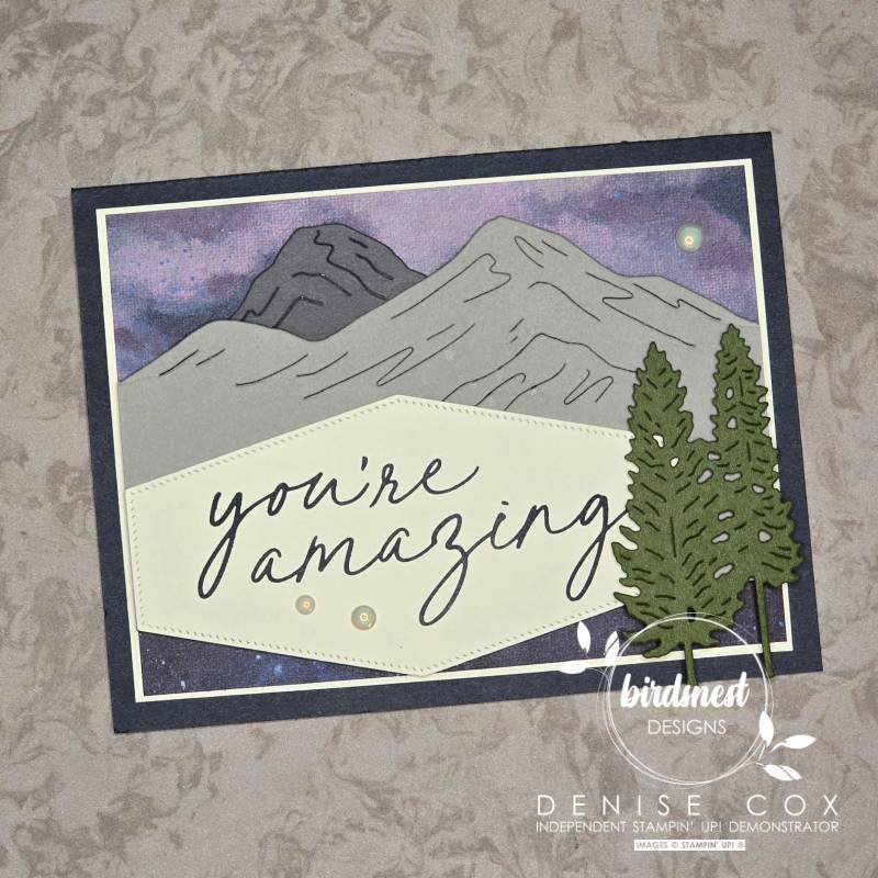Handmade mountain scene card using Stampin' Up! Scenic Adventure bundle - Birdsnest Designs