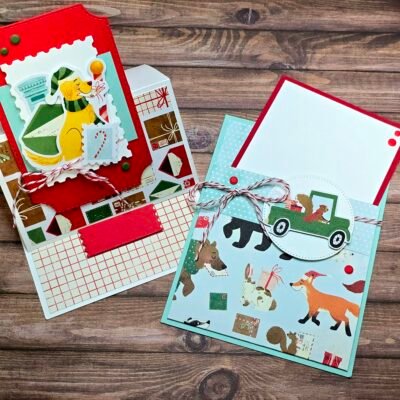 Two handmade Christmas fun fold cards featuring the North Pole Delivery Designer Series Paper, including a vertical easel card and a pocket card with festive animal images and red-and-green accents.