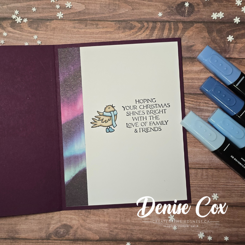 Inside card panel with stamped bird and left-side aurora DSP strip.