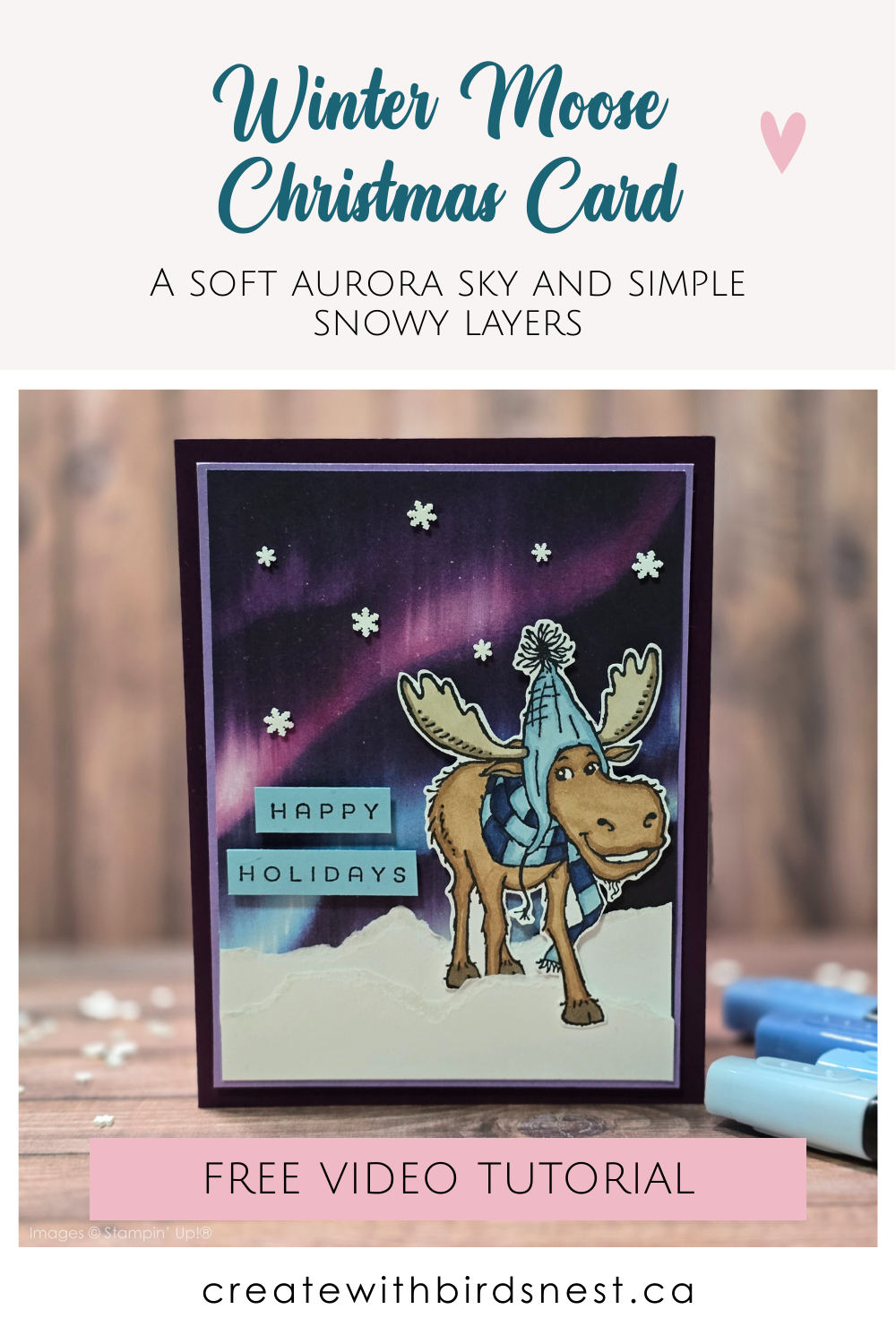 Create this magical Aurora Christmas card featuring a cozy winter moose, torn snowbanks, and the Lights of Aurora DSP. Includes full measurements, supplies, and a step-by-step video tutorial. via @denise34