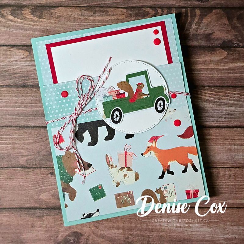 Easy Christmas fun fold pocket card using North Pole Delivery DSP with woodland animals and twine