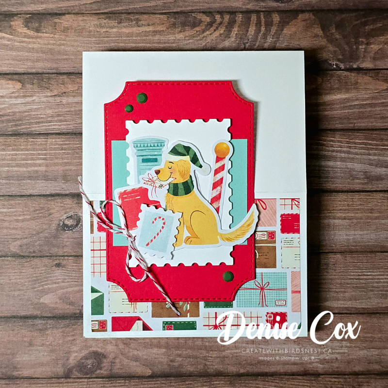 Easy Christmas vertical easel card featuring North Pole Delivery DSP and layered die cuts