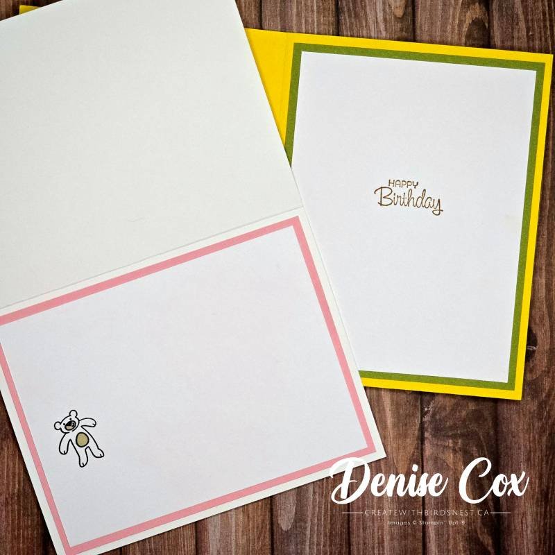 Inside views of two handmade cards showing stamped birthday sentiments and coordinating cardstock layers.