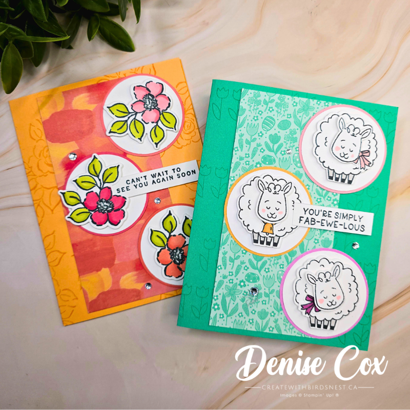 Stampin Up current vs retired card layout comparison featuring Woolly Friends and Charming Day handmade cards side by side
