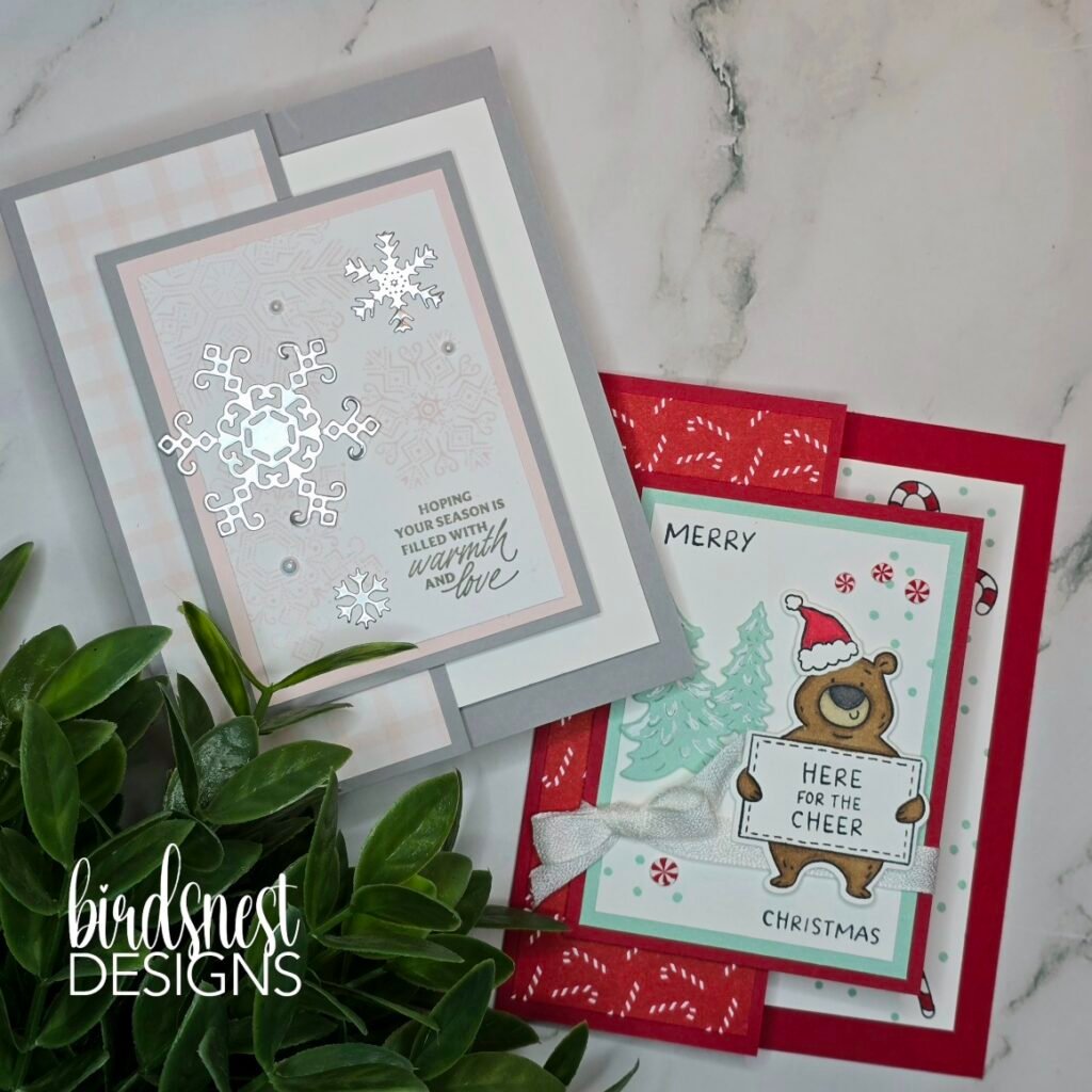 Two Christmas fun fold cards using the same design in elegant and cheerful styles.