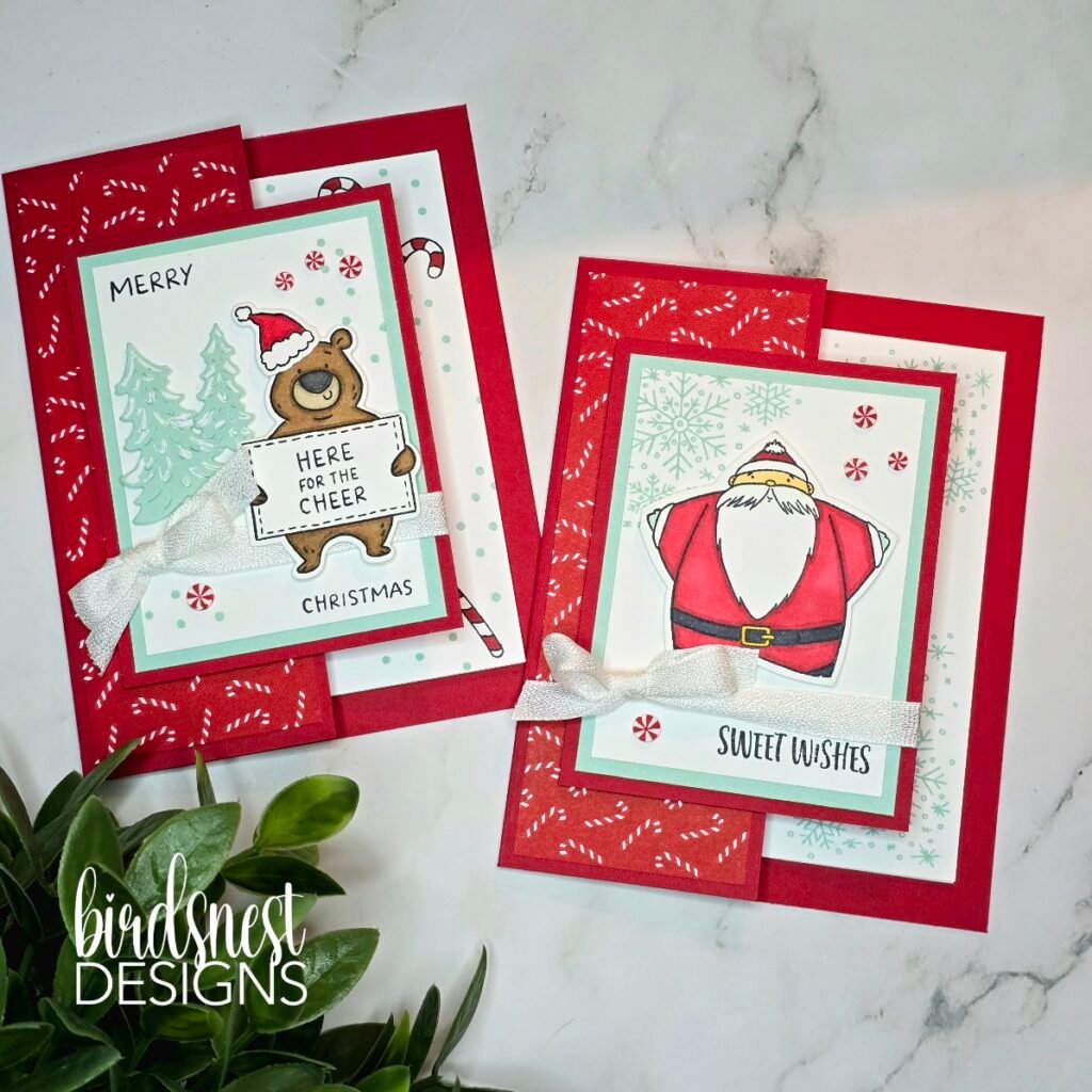 Two Christmas fun fold cards featuring a festive bear and Santa, created using the same card fold.