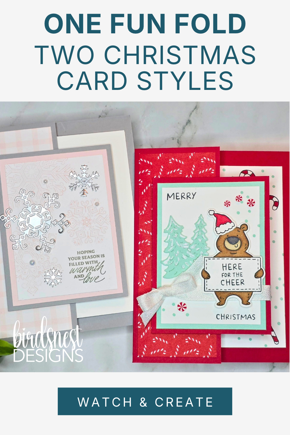 One fun fold, two completely different Christmas card styles! Make a soft, elegant snowflake card or a bright and cheerful Christmas bear card using the same easy design. A fun paper-crafting idea with lots of possibilities for using your favourite stamps and patterned paper. Watch the step-by-step video tutorial at Birdsnest Designs! via @denise34